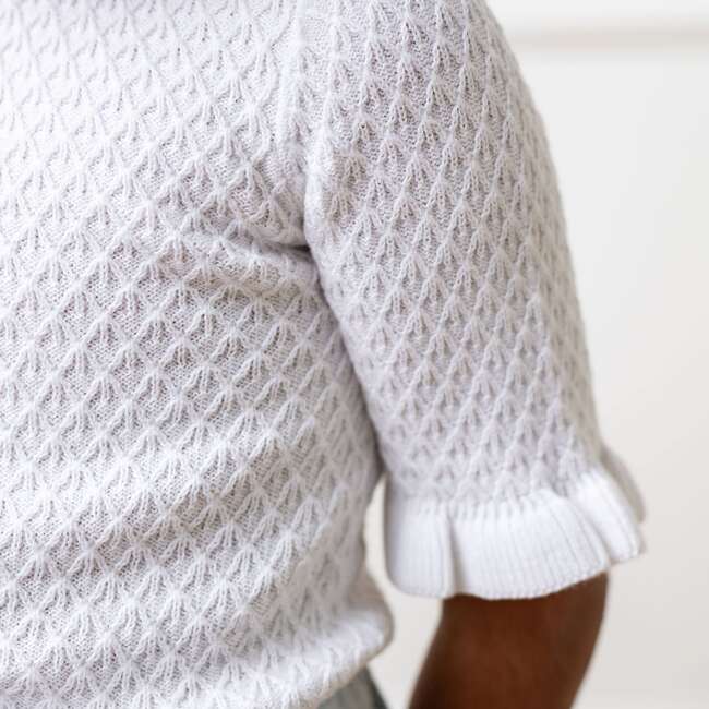 Organic Short Sleeve Ruffle Edge Sweater Knit Top, White Diamond - Sweaters - 4