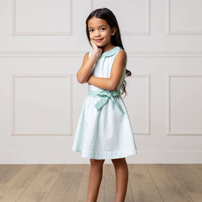 Organic Peter Pan Collar Seersucker Dress, Mint Seersucker - Dresses - 3