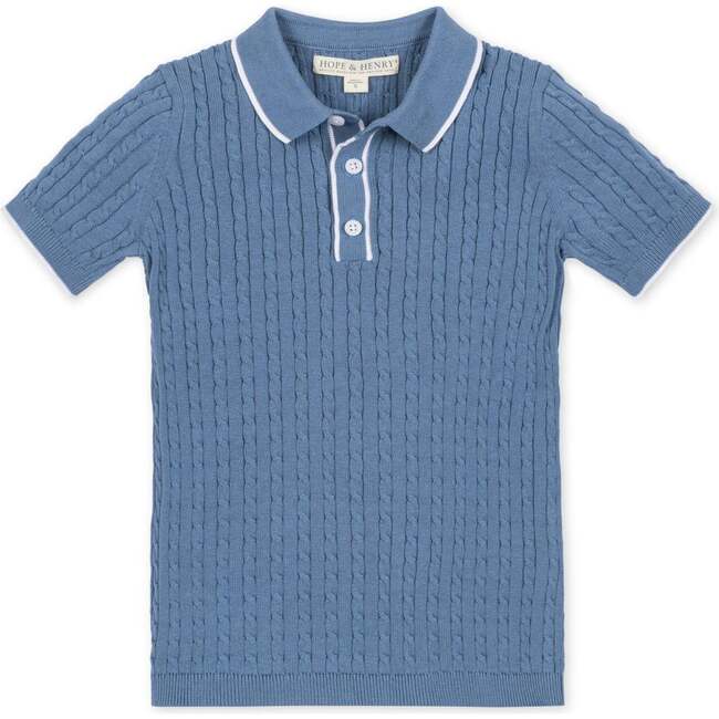 Organic Short Sleeve Sweater Polo with Tipping, Denim Blue - Sweaters - 1