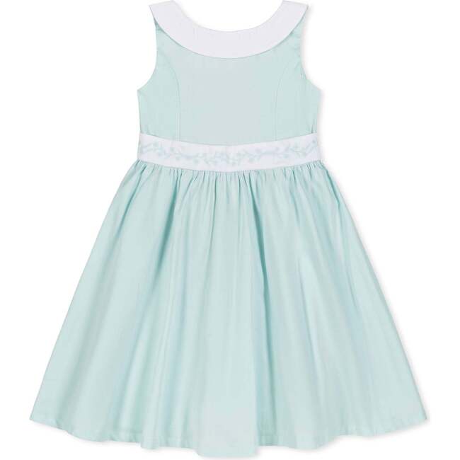 Organic Round Collar Sateen Party Dress with Embroidered Sash, Pale Green - Dresses - 1