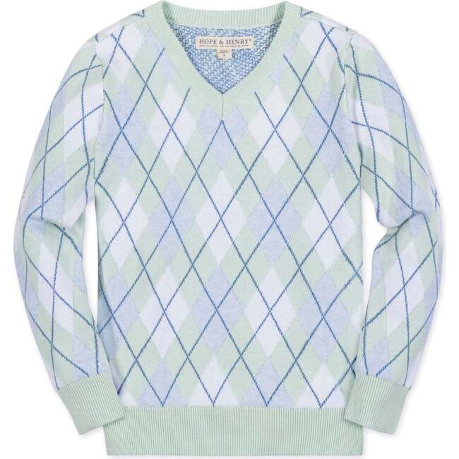 Organic Long Sleeve Fine Gauge V-Neck Sweater, Coastal Cottage Argyle - Sweaters - 1