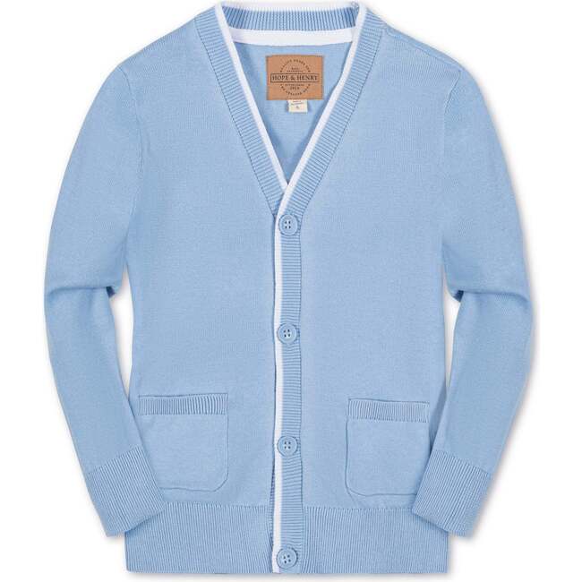 Organic Long Sleeve Tipped Cardigan Sweater, Classic Blue - Sweaters - 1