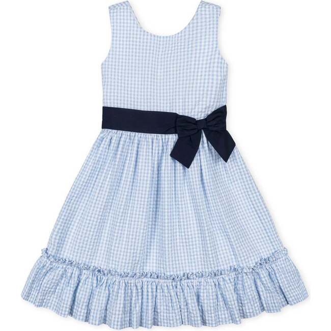 Organic Sleeveless Special Occasion Seersucker Party Dress with Cross Back, Classic Blue Gingham - Dresses - 1