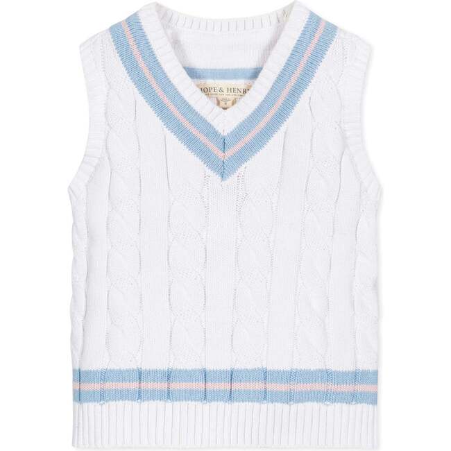 Organic V-Neck Cricket Sweater Vest, White with Blue and Pink - Sweaters - 1