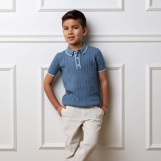 Organic Short Sleeve Sweater Polo with Tipping, Denim Blue - Sweaters - 3