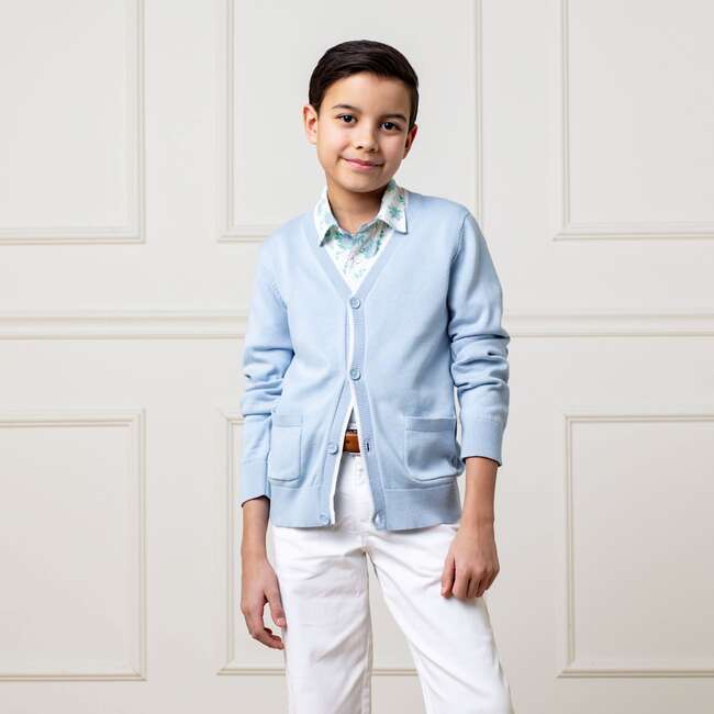 Organic Long Sleeve Tipped Cardigan Sweater, Classic Blue - Sweaters - 3