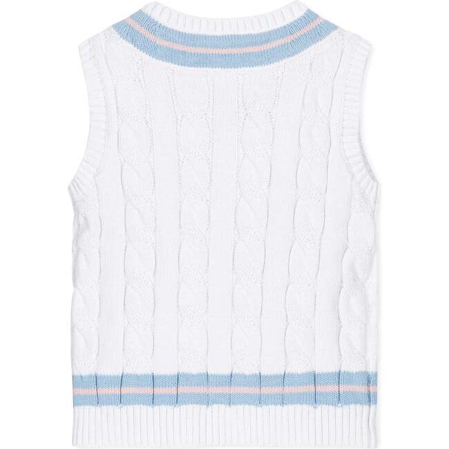Organic V-Neck Cricket Sweater Vest, White with Blue and Pink - Sweaters - 2