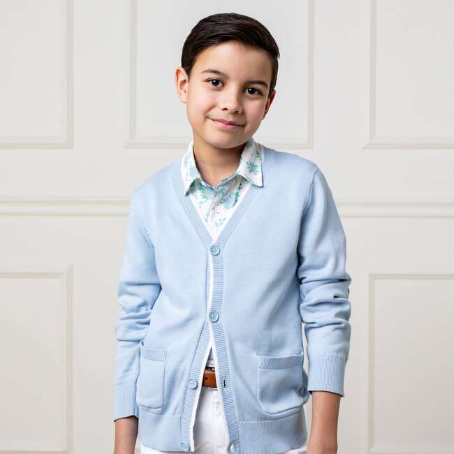 Organic Long Sleeve Tipped Cardigan Sweater, Classic Blue - Sweaters - 4