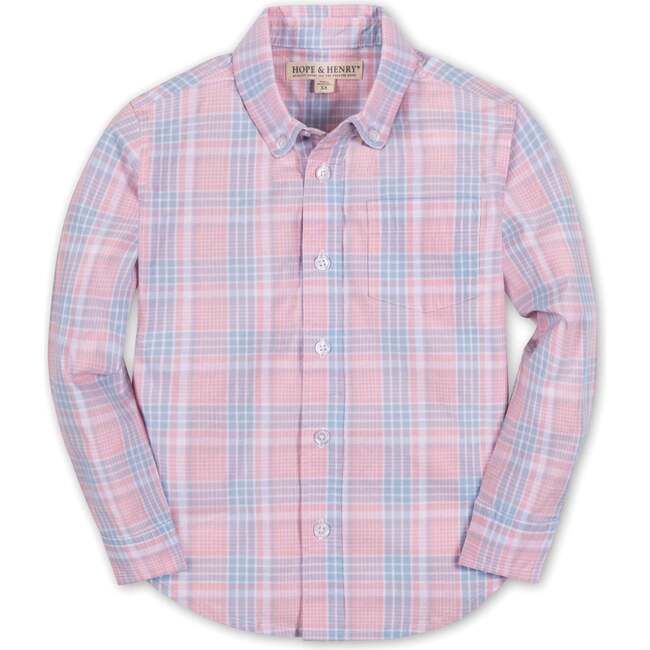Organic Stretch Poplin Long Sleeve Button Down Shirt, Pink Petal Plaid - Button Downs - 1