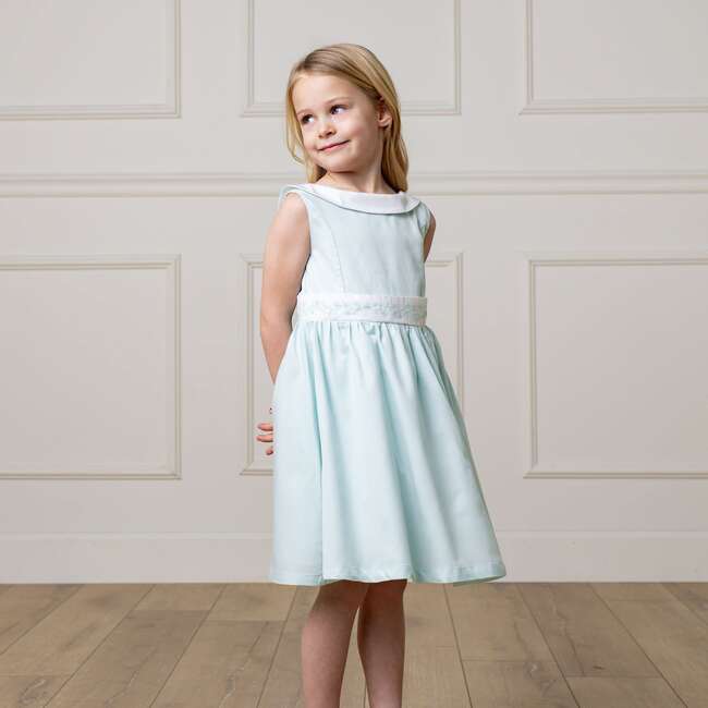 Organic Round Collar Sateen Party Dress with Embroidered Sash, Pale Green - Dresses - 3