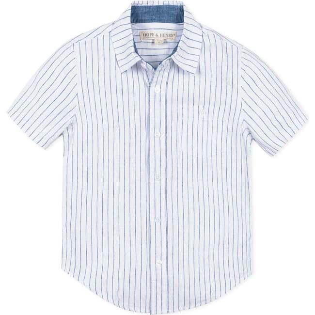 Linen Short Sleeve Button Down Shirt, White Court Pinstripe - Button Downs - 1