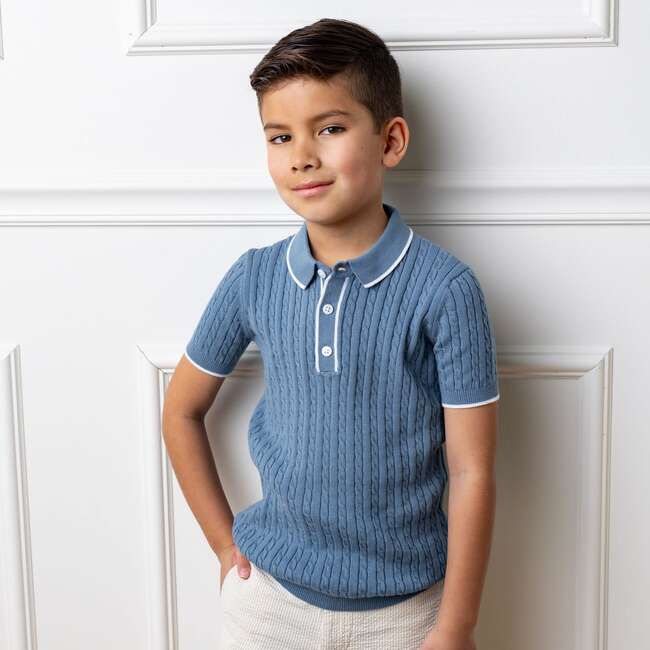 Organic Short Sleeve Sweater Polo with Tipping, Denim Blue - Sweaters - 4
