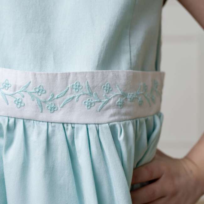 Organic Round Collar Sateen Party Dress with Embroidered Sash, Pale Green - Dresses - 4