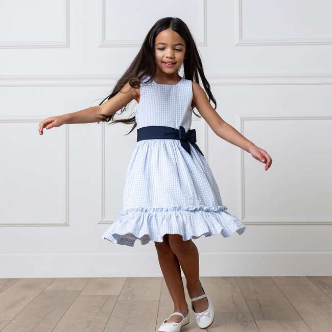 Organic Sleeveless Special Occasion Seersucker Party Dress with Cross Back, Classic Blue Gingham - Dresses - 4