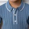 Organic Short Sleeve Sweater Polo with Tipping, Denim Blue - Sweaters - 5 - thumbnail