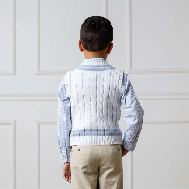 Organic V-Neck Cricket Sweater Vest, White with Blue and Pink - Sweaters - 5