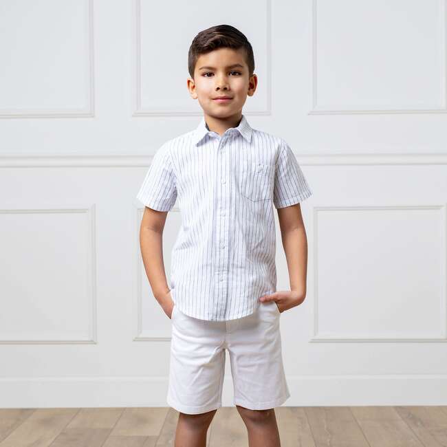 Linen Short Sleeve Button Down Shirt, White Court Pinstripe - Button Downs - 3