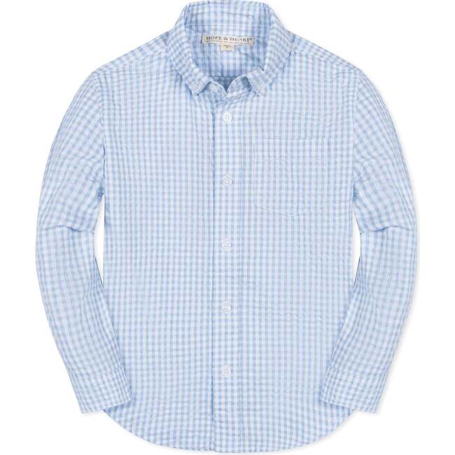 Organic Long Sleeve Seersucker Button Down Shirt, Classic Blue Gingham - Button Downs - 1