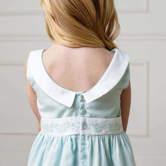 Organic Round Collar Sateen Party Dress with Embroidered Sash, Pale Green - Dresses - 5