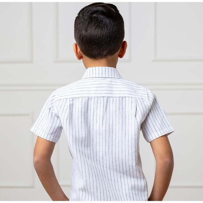 Linen Short Sleeve Button Down Shirt, White Court Pinstripe - Button Downs - 5