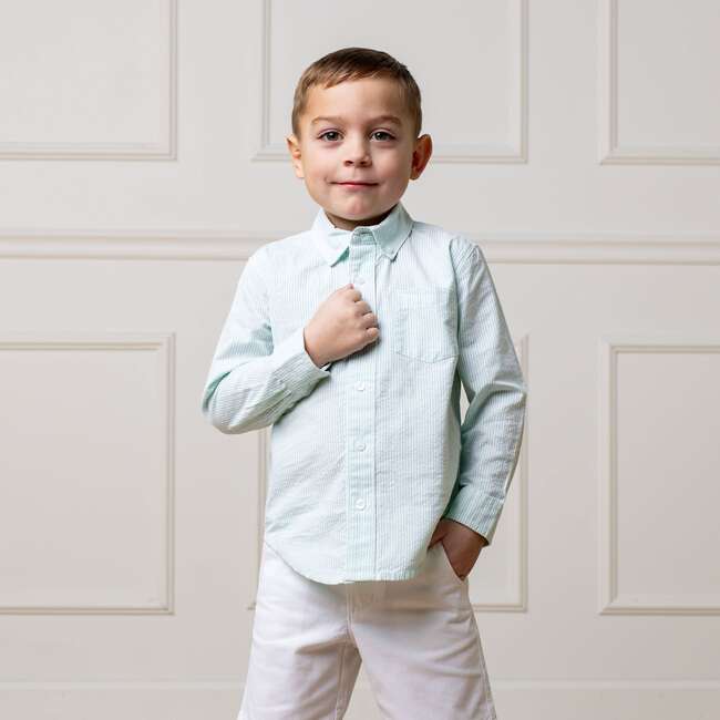 Organic Long Sleeve Seersucker Button Down Shirt, Mint Seersucker - Button Downs - 3