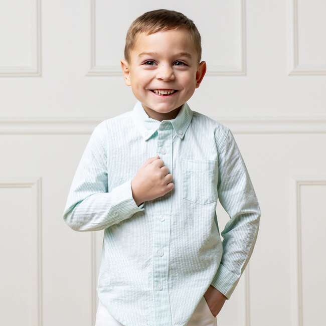 Organic Long Sleeve Seersucker Button Down Shirt, Mint Seersucker - Button Downs - 4