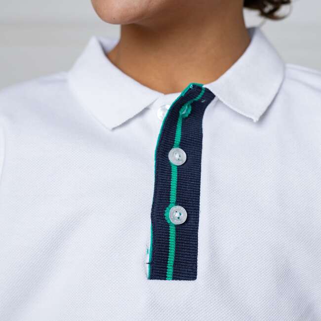 Organic Short Sleeve Knit Pique Polo Shirt, White with Navy and Green - Polo Shirts - 4