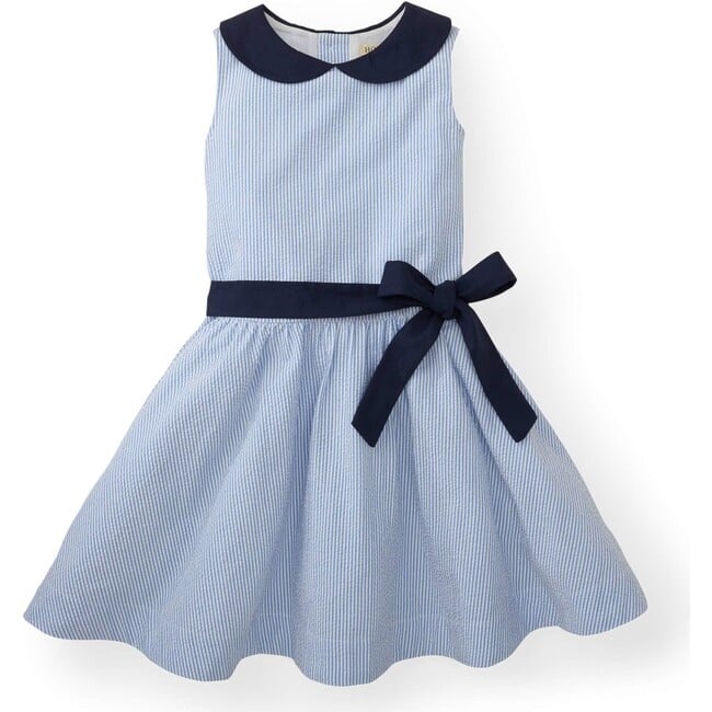 Organic Peter Pan Collar Seersucker Dress, Blue Seersucker - Dresses - 1