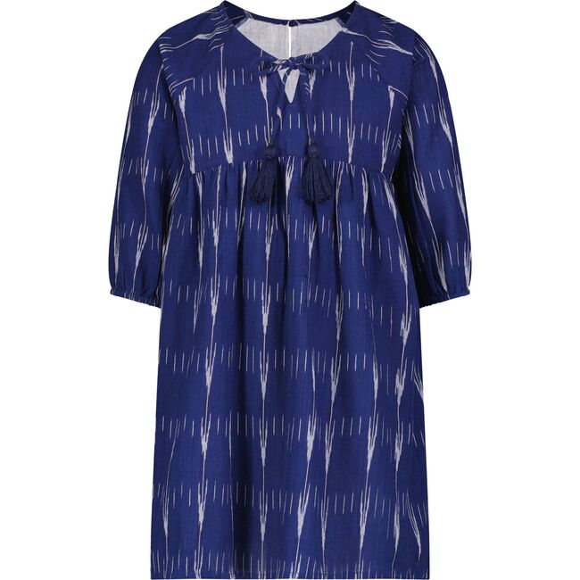 Sara Girl's Popover Dress Indigo Ikat, Blue