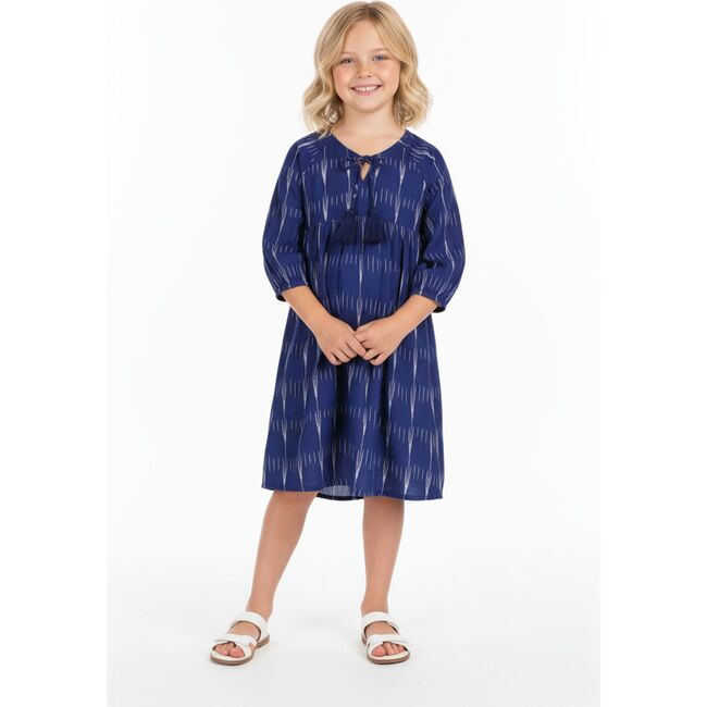 Sara Girl's Popover Dress Indigo Ikat, Blue