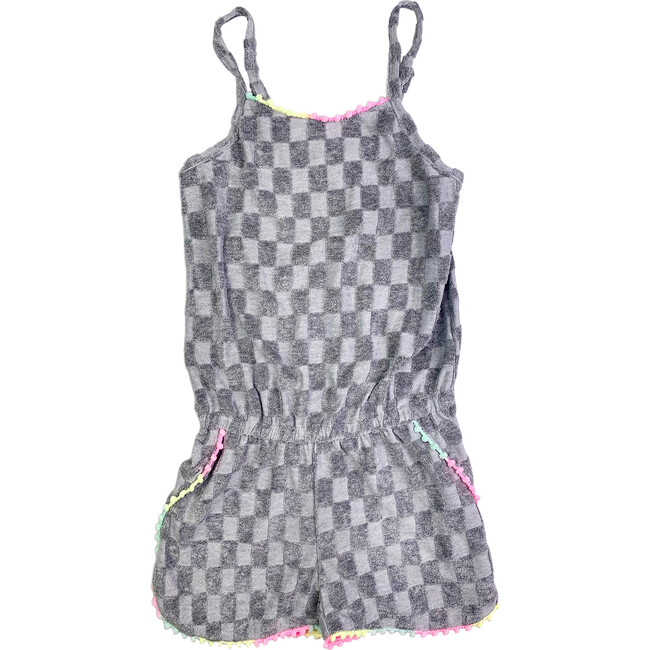 Novia Pom Pom Trim Sleeveless Smocked Romper, Grey