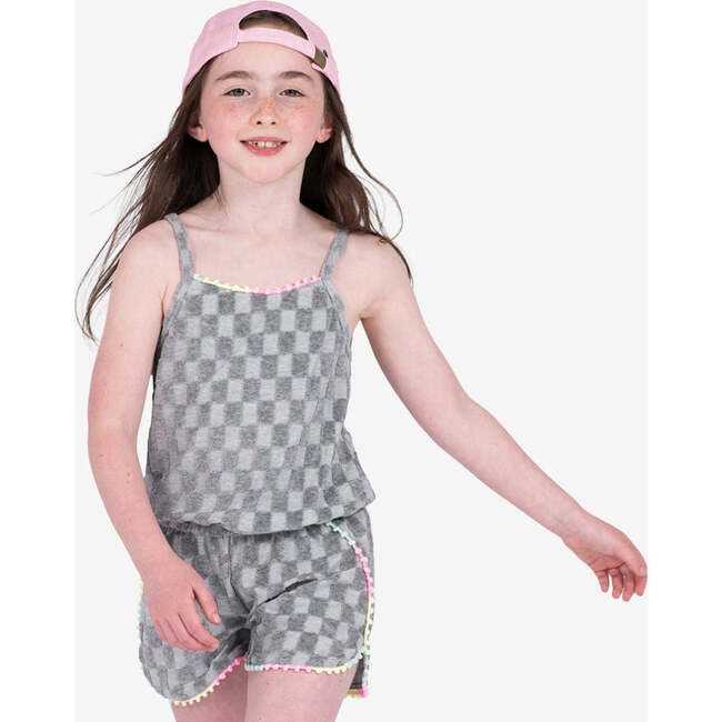 Novia Pom Pom Trim Sleeveless Smocked Romper, Grey
