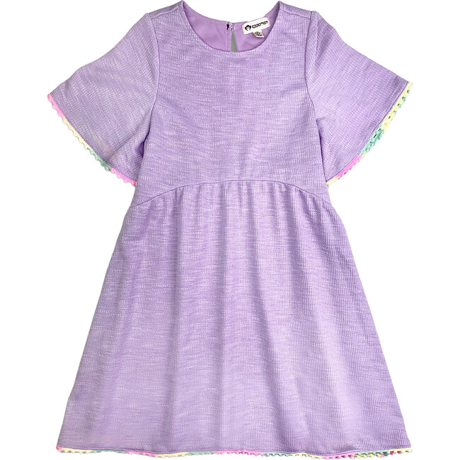Mary Rainbow Pom Pom Trim Flowy Dress, Lilac