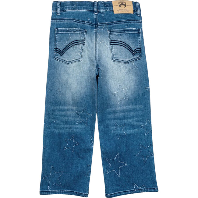 Liana Star-Stitched Wide Leg Denim Pants, Medium Wash