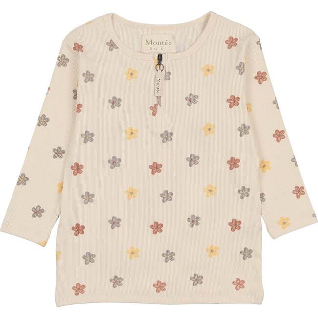 Floral Ribbed 3/4 Sleeve Top, Beige Girl