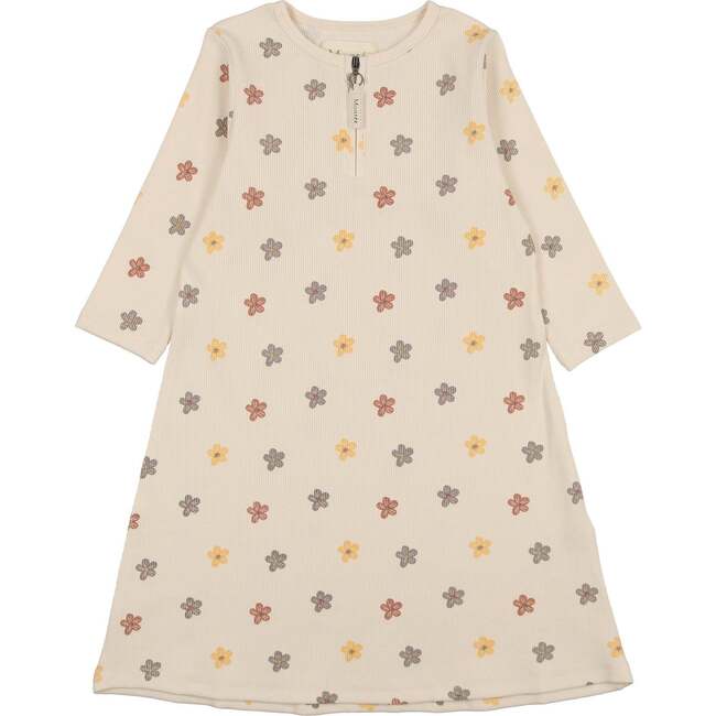 Floral Ribbed 3/4 Sleeve Dress, Beige - Dresses - 1