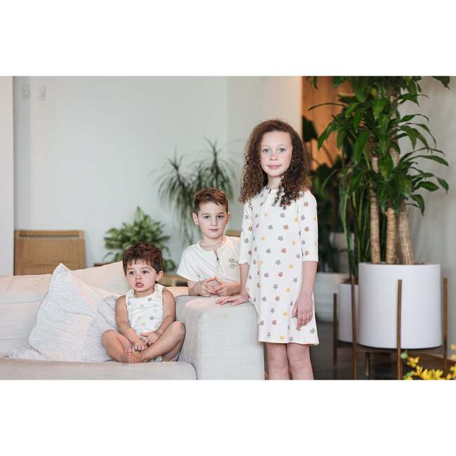 Floral Ribbed 3/4 Sleeve Dress, Beige - Dresses - 3