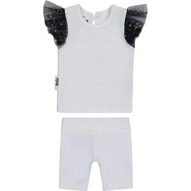 Glitter Mesh 2-Piece Top & Short Set, White & Black