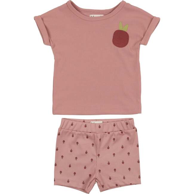 Girls Ribbed Berry Applique Tee & Short Set, Mauve