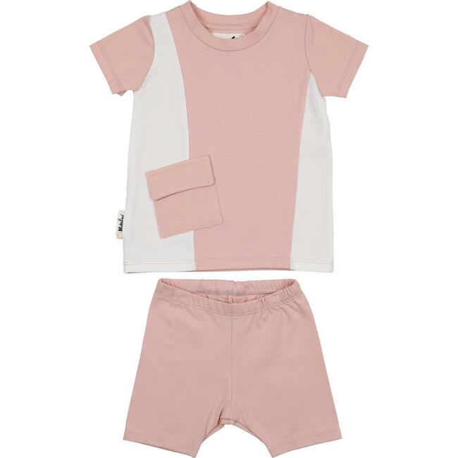 Color-Block Pocket Tee & Short Set, Mauve & White