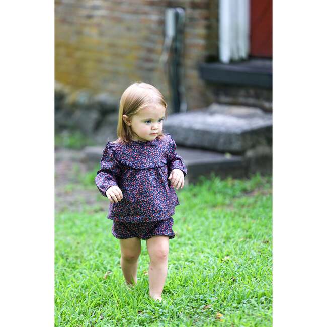 Floral Long Sleeve Yoke Top & Short 2-Piece Set, Navy