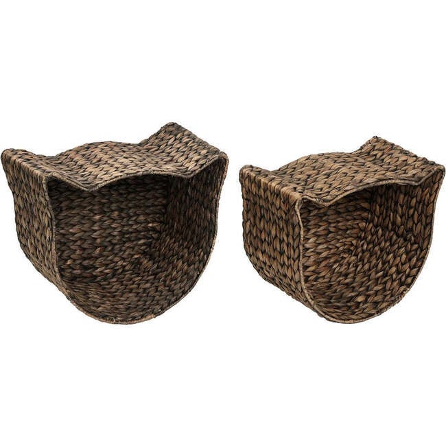 Felix Cat Shaped Hand Woven Water Hyacinth Nesting Pet Toy Organizer Baskets, Brown (Set of 2)