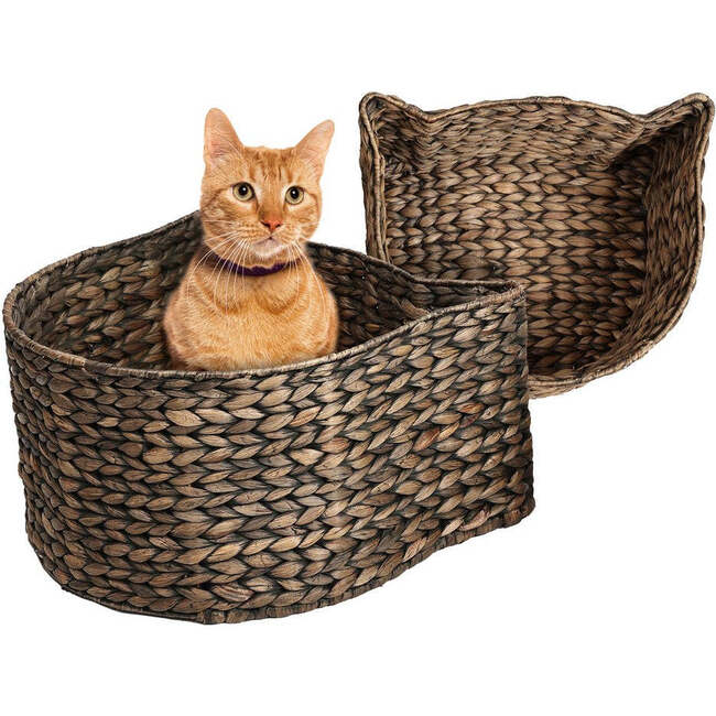 Felix Cat Shaped Hand Woven Water Hyacinth Nesting Pet Toy Organizer Baskets, Brown (Set of 2)