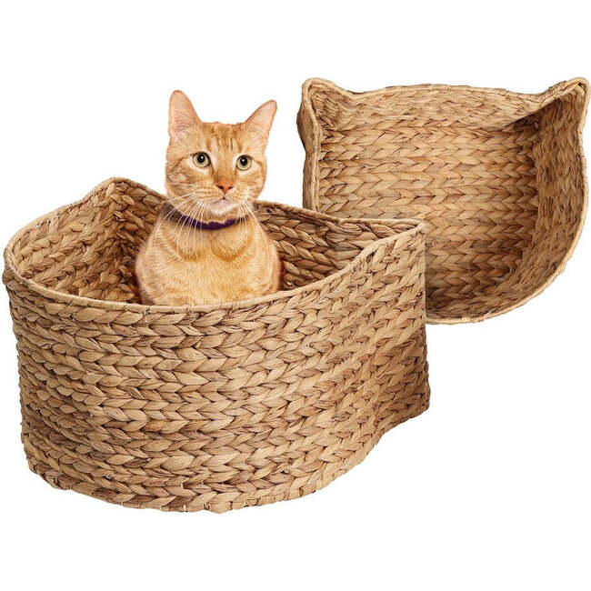 Felix Cat Shaped Hand Woven Water Hyacinth Nesting Pet Toy Organizer Baskets, Natural (Set of 2) - Storage - 3