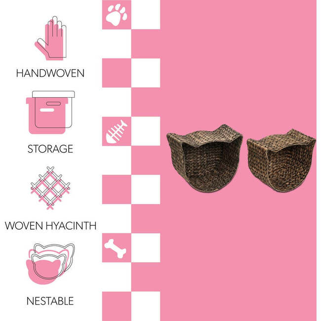 Felix Cat Shaped Hand Woven Water Hyacinth Nesting Pet Toy Organizer Baskets, Brown (Set of 2) - Storage - 4
