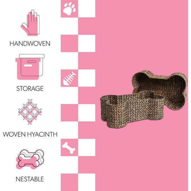 Digby Bone Shaped Large Hand Woven Water Hyacinth Nesting Pet Toy Organizer Baskets, Brown (Set of 2) - Storage - 5