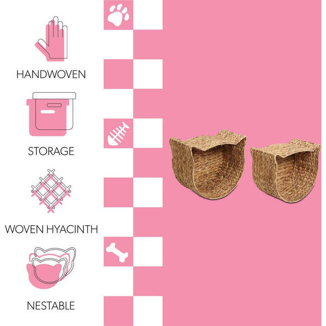 Felix Cat Shaped Hand Woven Water Hyacinth Nesting Pet Toy Organizer Baskets, Natural (Set of 2) - Storage - 5