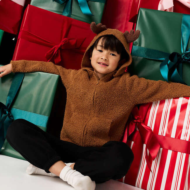 Merry Reindeer Cuddle Zip Hoodie Brown
