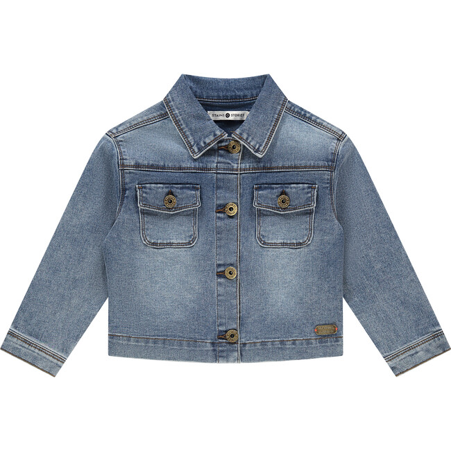Ruffle Accent Denim Jacket, Blue Denim