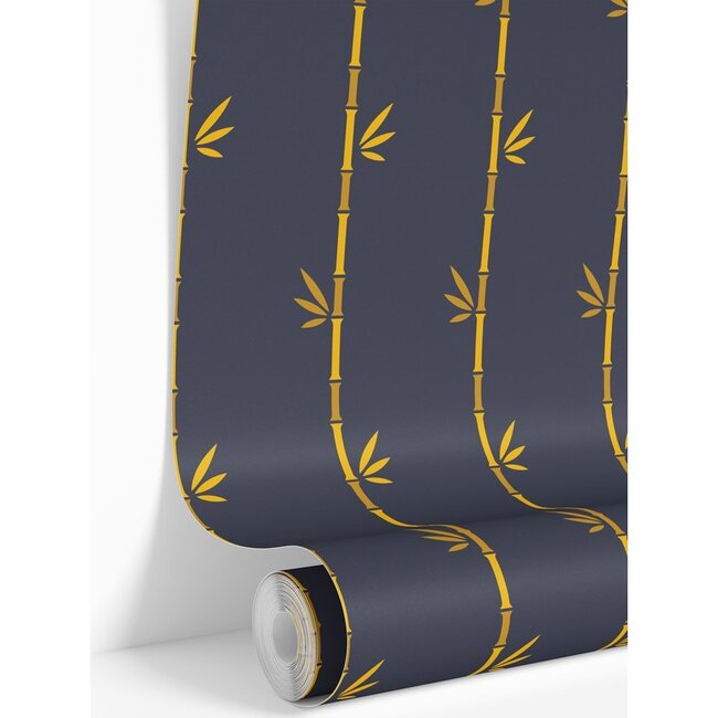 Navy & Gold Bamboo Traditional Wallpaper